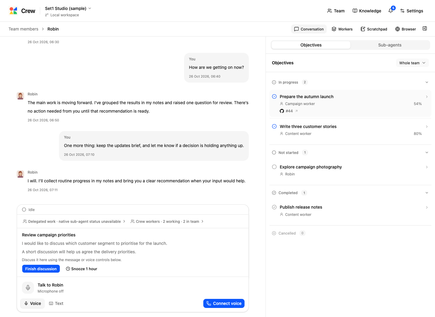 Crew’s real conversation view with Robin, a marketing agent, alongside team objectives for an autumn launch and customer stories.